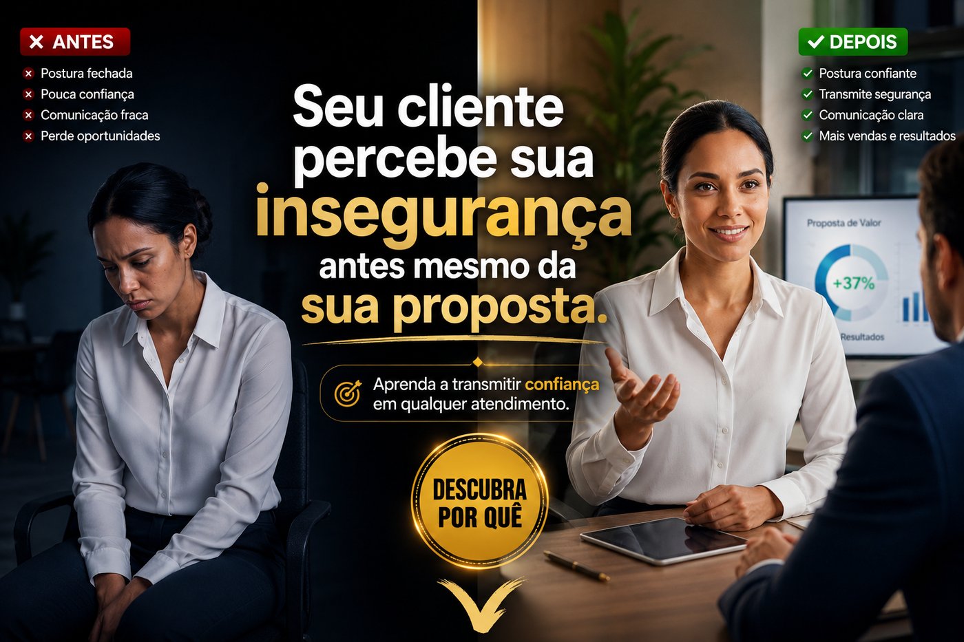 Comparação antes e depois: antes, postura fechada, pouca confiança e comunicação fraca; depois, postura confiante, comunicação clara e mais vendas.